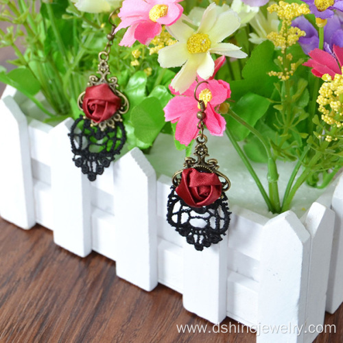 Black Lace Earrings For Women With Rose Alloy Hook Earring